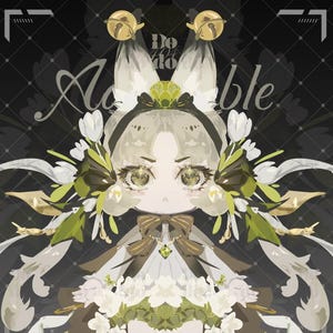 May include: An illustration of a character with large eyes, decorated with white flowers, green leaves, and gold details. The character has long, flowing hair and wears a bow with a green gem. The word "Adorable" is written in cursive.
