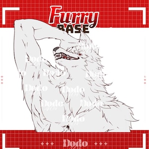 May include: A digital line art illustration of an anthropomorphic wolf character with fur, shown from the chest up with one arm raised behind its head. The text Furry Base is at the top, and the watermark Dodo 404 is repeated across the image.