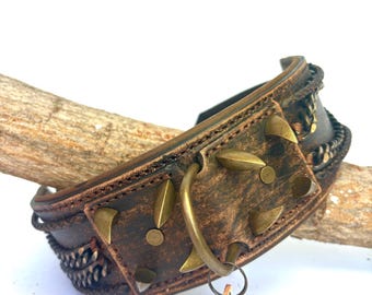 Handmade Leather Dog Collar, Soft Padded Dog Collar with chain, Personalised Leather Collar for Dogs, Full Grain Leather Dog Collar