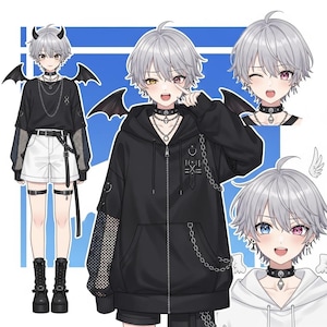 以下が含まれることがあります： グレーの髪のキャラクターのデジタルイラスト。黒いパーカー、チェーン、チョーカー、白いショートパンツを着用。キャラクターは異色症で、片目は黄色、もう片方は紫です。画像には、複数のポーズと悪魔の角や翼などのアクセサリーが含まれています。
