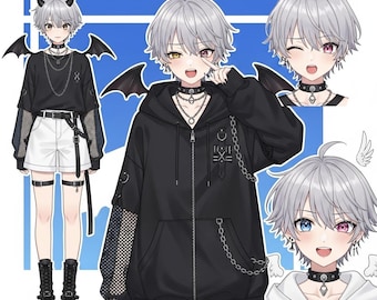 以下が含まれることがあります： グレーの髪のキャラクターのデジタルイラスト。黒いパーカー、チェーン、チョーカー、白いショートパンツを着用。キャラクターは異色症で、片目は黄色、もう片方は紫です。画像には、複数のポーズと悪魔の角や翼などのアクセサリーが含まれています。