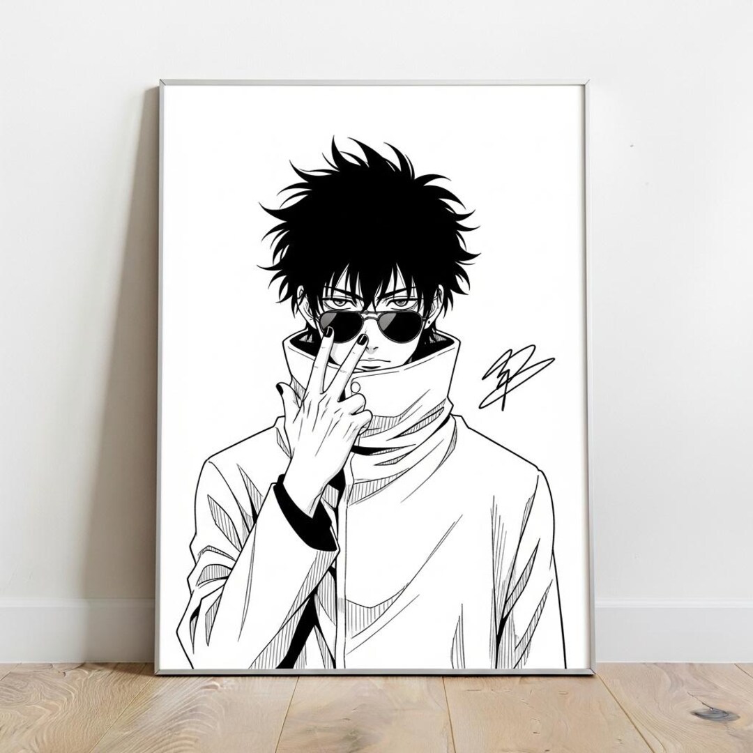 Minimalist Anime Poster – Cool Manga Boy With Sunglasses – Black and