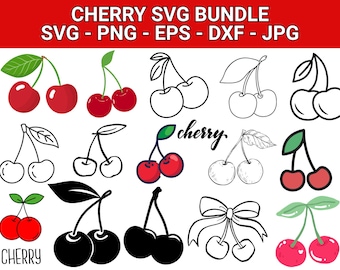 May include: A collection of cherry-themed SVG graphics in various styles. The designs include red cherries with green leaves, outlined cherries, and a cherry with the word "cherry" in cursive. The image has the text "CHERRY SVG BUNDLE" at the top.