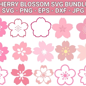 May include: A selection of cherry blossom designs in shades of pink, with some outlined in red. The image features the text "CHERRY BLOSSOM SVG BUNDLE" and file type indicators: SVG, PNG, EPS, DXF, and JPG. These floral graphics are suitable for digital crafts.