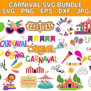 Peut inclure: Un ensemble SVG coloré sur le thème du carnaval. L'image contient le texte "CARNIVAL SVG BUNDLE" et "SVG - PNG - EPS - DXF - JPG". Elle présente des illustrations de ballons, de chapiteaux de cirque, d'une grande roue et du mot "CARNIVAL" dans différents styles.