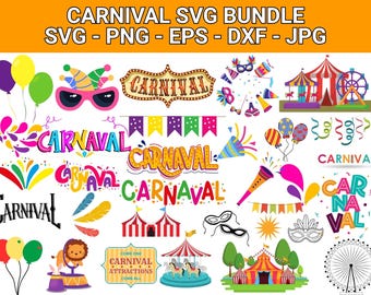 May include: A colorful SVG bundle with carnival-themed graphics. Includes text that says "CARNIVAL SVG BUNDLE" and "SVG - PNG - EPS - DXF - JPG". The image features illustrations of balloons, circus tents, a Ferris wheel, and the word "CARNIVAL" in various fonts.