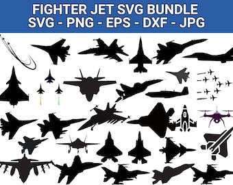 May include: A collection of black fighter jet silhouettes in various designs. The image includes text that reads "FIGHTER JET SVG BUNDLE SVG - PNG - EPS - DXF - JPG" in white letters against a blue background.