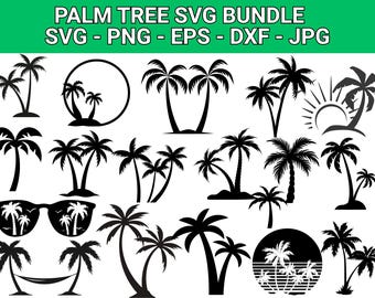 Paquete de imágenes SVG de palmeras: imágenes prediseñadas de playa tropical (descarga digital)