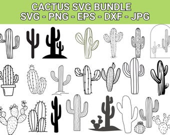 May include: A collection of cactus-themed SVG files in various styles, including line art and solid silhouettes. The designs feature different cactus shapes and arrangements, suitable for digital crafting projects. The text "CACTUS SVG BUNDLE" is at the top.