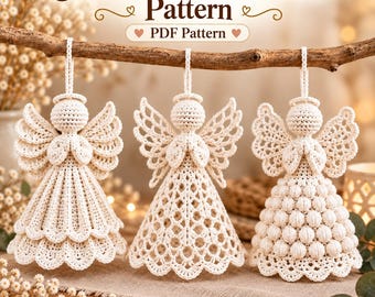 Haakpatroon voor een engel (PDF), Pearlveil Seraph Trio, Kerstornamenten van erfgoedkant, Hangende decoratie voor de feestdagen met parelvleugels