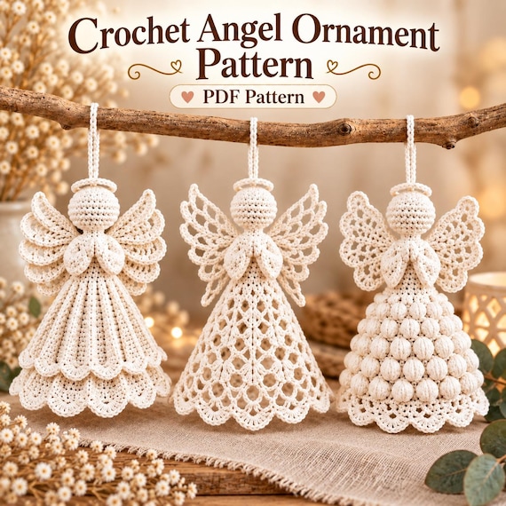 Crochet Angel Pattern PDF, Pearlveil Seraph Trio, Heirloom Lace Christmas Ornaments, Pearl Wing Holiday Hanging Decor