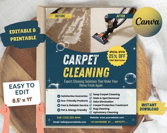 May include: A promotional flyer for carpet cleaning services. The design features a before-and-after comparison, a carpet cleaner, and the text "CARPET CLEANING." It also includes service guarantees and contact information.