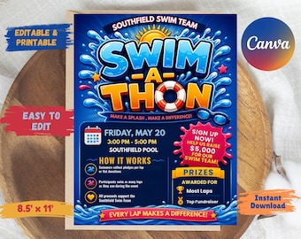 May include: A blue and white flyer for a swim-a-thon event. The flyer includes the text "Swim-a-thon" with water splash graphics, event details, and information on how to participate. The flyer is 8.5 x 11 inches.