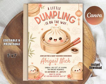 May include: A baby shower invitation card featuring a cute dumpling character in a bamboo steamer, red chopsticks, and a small soy sauce bowl. The text reads A LITTLE DUMPLING IS ON THE WAY, JOIN US FOR A BABY SHOWER HONORING Abigail Nick, and event details.