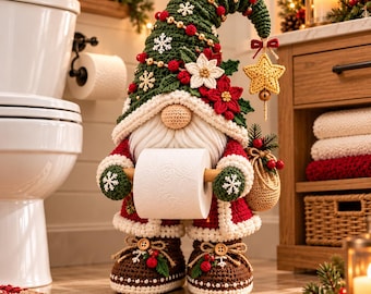 Könnte beinhalten: Eine gehäkelte Wichtelfigur mit einer hohen grünen Mütze, die mit roten Beeren, goldenen Perlen, weißen Schneeflocken und Weihnachtssternen verziert ist. Der Wichtel hat einen weißen Bart, braune Schuhe mit Knöpfen und hält eine Rolle weißes Toilettenpapier.