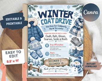 May include: A Winter Coat Drive flyer featuring a blue puffer jacket, knit hat, mittens, scarf, and boots. Text includes Winter Coat Drive, Help Keep Our Community Warm, drop-off location at Northview Elementary School, and dates December 2 to December 18.