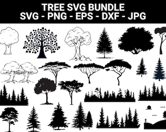 May include: A collection of tree silhouettes in various styles, including deciduous, coniferous, and stylized designs. The image includes the text "TREE SVG BUNDLE" and file type indicators: SVG, PNG, EPS, DXF, and JPG.