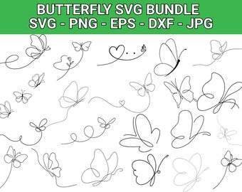 May include: A collection of minimalist butterfly designs in black line art. The image features various butterfly illustrations, including single-line drawings and multiple butterfly arrangements. The text "BUTTERFLY SVG BUNDLE" is at the top.
