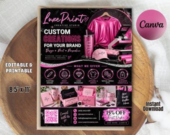 May include: A marketing flyer for Luxe Print Creative Studio featuring a black marble background with pink text and graphics. It displays custom apparel, drinkware, and branding services with a QR code, contact details, and an 8.5 inch by 11 inch label.