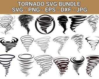 May include: A collection of black and white tornado illustrations in various styles. The image includes the text "TORNADO SVG BUNDLE" and file type indicators: SVG, PNG, EPS, DXF, and JPG.