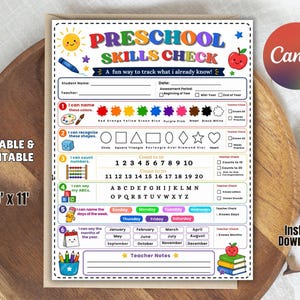 May include: A preschool skills check assessment sheet featuring colorful graphics, including a sun, apple, and school supplies. The document includes sections for student name, date, and teacher, with lists for colors, shapes, numbers, letters, days, and months.