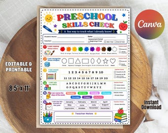 May include: A preschool skills check assessment sheet featuring colorful graphics, including a sun, apple, and school supplies. The document includes sections for student name, date, and teacher, with lists for colors, shapes, numbers, letters, days, and months.