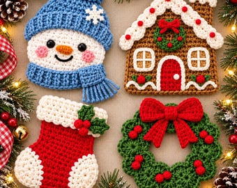 May include: Four crocheted Christmas ornaments featuring a snowman in a blue hat, a brown gingerbread house, a red stocking with holly, and a green wreath with a red bow. Each piece is crafted with detailed yarn textures and festive colors.