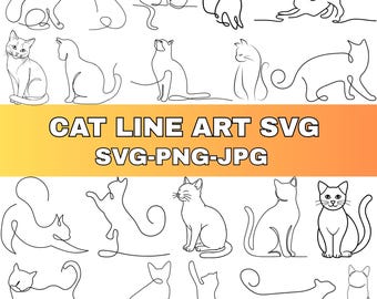 May include: A collection of black line art illustrations featuring various cat poses, including sitting, stretching, and standing. The text CAT LINE ART SVG SVG-PNG-JPG is centered in the middle of the image against an orange background.