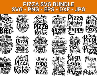 May include: A collection of black and white pizza-themed SVG designs. The designs feature various pizza-related quotes and phrases, such as "Love at First Bite," "Pizza Makes Me Happy," and "Eat Pizza, Sleep, Repeat." The designs are available in SVG, PNG, EPS, DXF, and JPG formats.