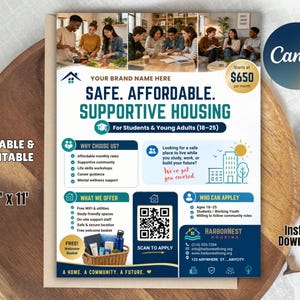 Puede incluir: Un folleto que promueve una vivienda segura, asequible y de apoyo para estudiantes y adultos jóvenes. El folleto incluye texto, gráficos y un código QR. El folleto mide 21,59 cm x 27,94 cm e incluye el texto "Editable & Printable".
