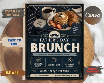May include: A Father's Day brunch flyer template featuring a dark blue background with a stack of pancakes, a croissant, a coffee mug, a necktie, and a bowtie. The text reads Father's Day Brunch, Celebrate Dad with a delicious brunch experience.