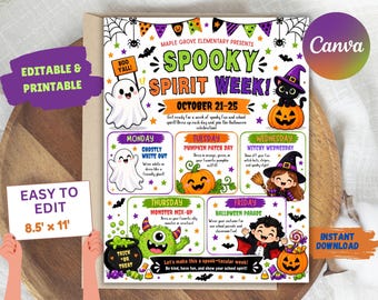 May include: A rectangular flyer titled Spooky Spirit Week featuring colorful Halloween illustrations including a ghost, a black cat on a pumpkin, a witch, a green monster, and a vampire. The text outlines daily school themes from October 21-25.