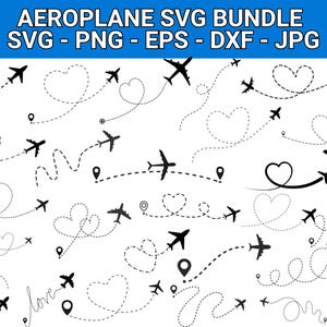 Op de afbeelding: Een zwart-wit vectorafbeeldingspakket met vliegtuigsilhouetten met stippellijnen, harten en locatiemarkeringen. De tekst "AEROPLANE SVG BUNDLE" staat bovenaan. Bevat SVG-, PNG-, EPS-, DXF- en JPG-formaten.
