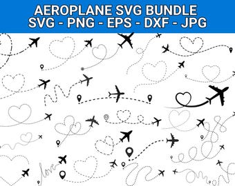 May include: A black and white vector graphic bundle featuring airplane silhouettes with dotted flight paths, hearts, and location markers. The text "AEROPLANE SVG BUNDLE" is at the top. Includes SVG, PNG, EPS, DXF, and JPG formats.
