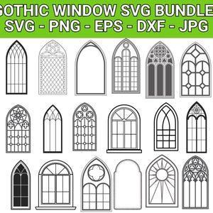 May include: A bundle of Gothic window designs in SVG, PNG, EPS, DXF, and JPG formats. The image showcases diverse arched window styles with detailed tracery and stained-glass patterns. The windows are presented in black and white.