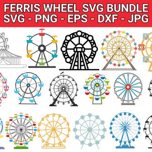 以下が含まれることがあります： さまざまなスタイルのカラフルな観覧車のSVGデザインのコレクション。さまざまな配色とアウトラインの観覧車が含まれており、デジタルアートプロジェクトに最適です。「FERRIS WHEEL SVG BUNDLE」というテキストが上部にあります。