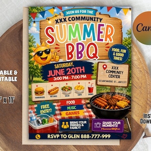 May include: A colorful flyer for a community summer BBQ event. The design features a wooden sign with the words "Summer BBQ" in large, vibrant letters. Includes event details, food icons, and the text "Free Entry!" The flyer is 8.5 x 11 inches.