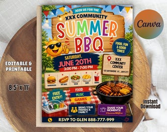 May include: A colorful flyer for a community summer BBQ event. The design features a wooden sign with the words "Summer BBQ" in large, vibrant letters. Includes event details, food icons, and the text "Free Entry!" The flyer is 8.5 x 11 inches.