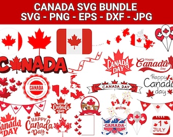 May include: A collection of red and white Canada-themed graphics. Includes maple leaves, the Canadian flag, the word "CANADA", and text that says "Canada Day". The image also includes a calendar with the date July 1st.