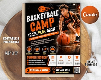 May include: A basketball camp flyer template featuring a player dribbling a ball on a court. The design includes bold orange and white text reading Basketball Camp, Train. Play. Grow., with sections for session details, dates, location, and contact info.