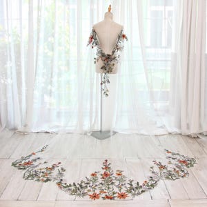KA123 Floral Embroidered Bridal Cape Veil, Sheer Tulle Wedding Cape with Botanical Edge, Statement Bridal Cover Up
