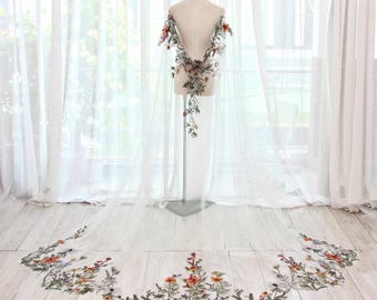 KA123 Floral Embroidered Bridal Cape Veil, Sheer Tulle Wedding Cape with Botanical Edge, Statement Bridal Cover Up