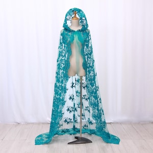 Teal Lace Hooded Cape. Sheer Capulet-Style Cloak for Fairytale Wedding. Gothic Cosplay Cape. Masquerade Ball Cloak. Hooded Cape as a Veil
