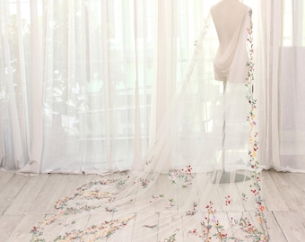 KA99 Floral Embroidered Cathedral Cape, Long Tulle Wedding Cape with Colorful Flower Edge