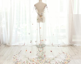 KA164 Botanical Wildflower Bridal Cape, Garden Embroidered Wedding Cape, Artistic Floral Veil Cape