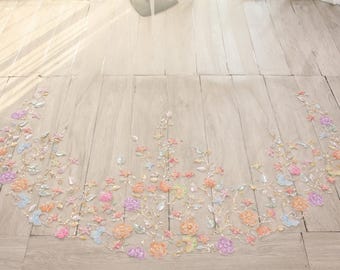 KA113 Sheer Bridal Cape with Pastel Floral Embroidered Edge, Single Layer Tulle Wedding Shoulder Cover