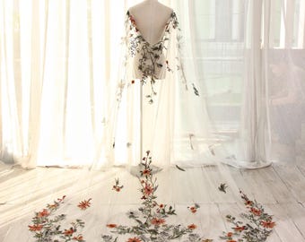 KA114 Wildflower Embroidered Bridal Cape with Long Train – Sheer Floral Wedding Cape, Deep V Back Shoulder Cover Up