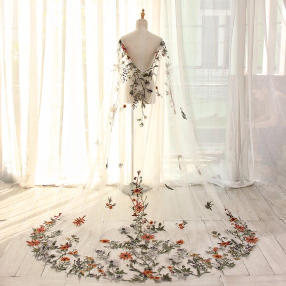 KA114 Wildflower Embroidered Bridal Cape with Long Train – Sheer Floral Wedding Cape, Deep V Back Shoulder Cover Up