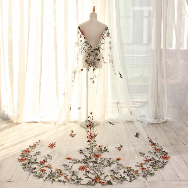 KA114 Wildflower Embroidered Bridal Cape with Long Train – Sheer Floral Wedding Cape, Deep V Back Shoulder Cover Up