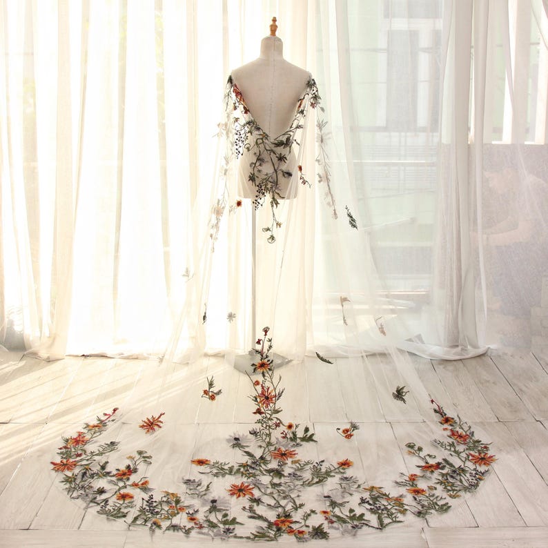 KA114 Wildflower Embroidered Bridal Cape with Long Train – Sheer Floral Wedding Cape, Deep V Back Shoulder Cover Up image 1